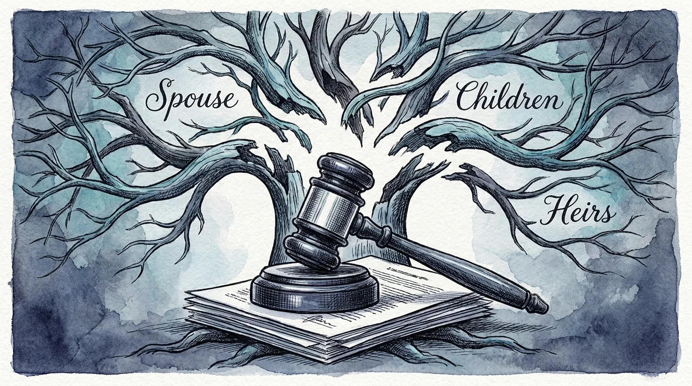 An illustration of a family tree with a missing trunk replaced by a judge's gavel, symbolizing state law taking over an estate.