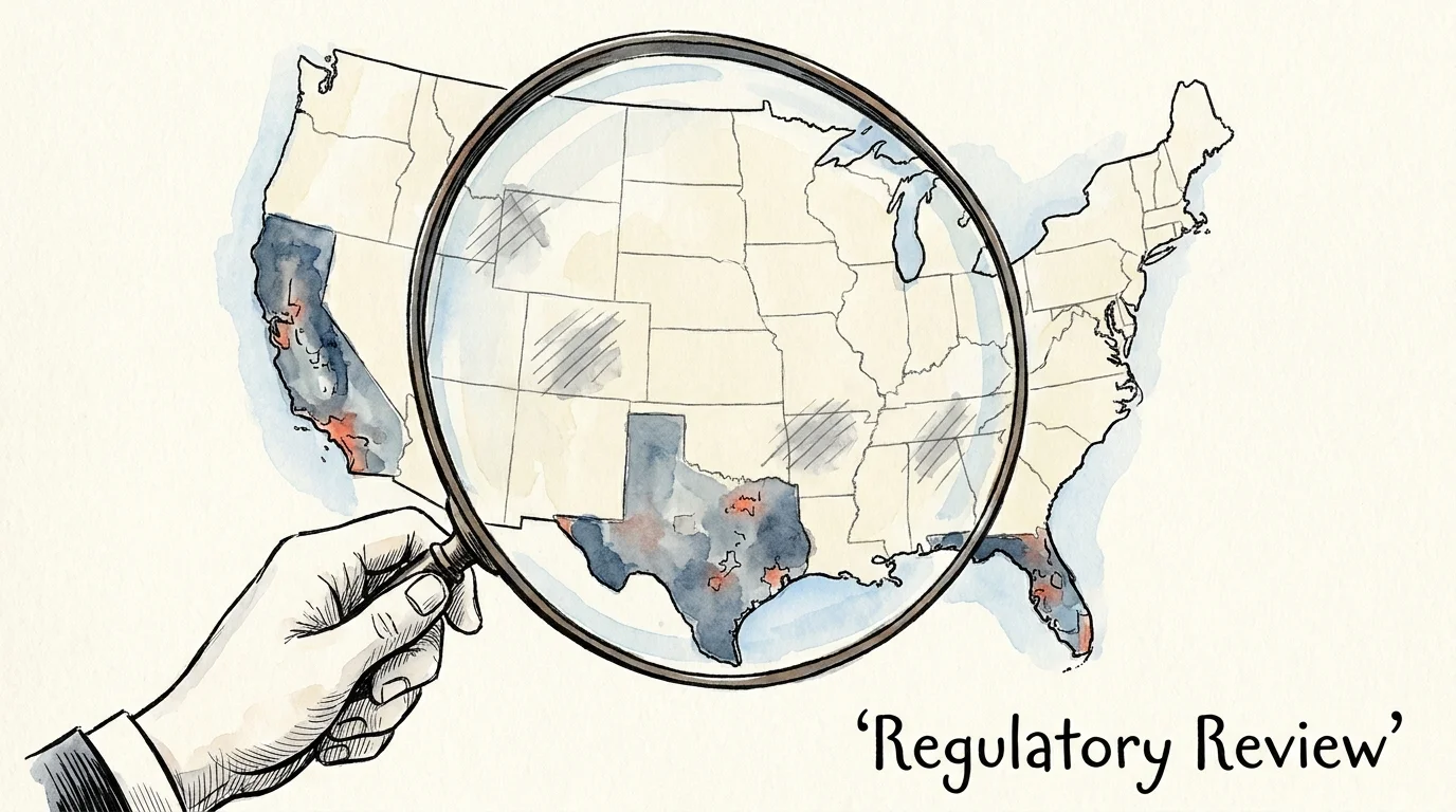 An illustration of a magnifying glass over a map of the US, focusing on states with shifting insurance regulations.