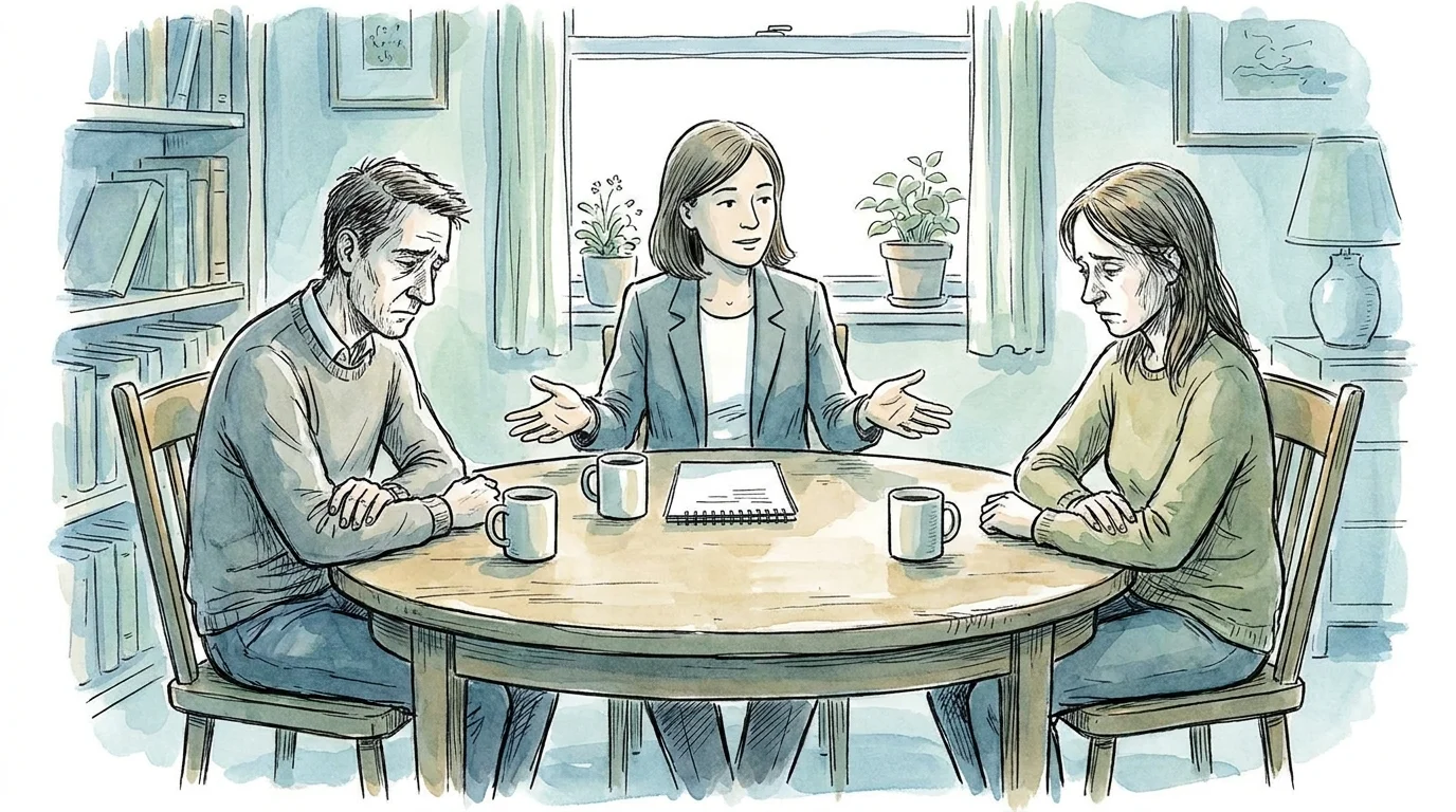 An illustration of a mediator sitting between two neighbors at a round table, helping them communicate.