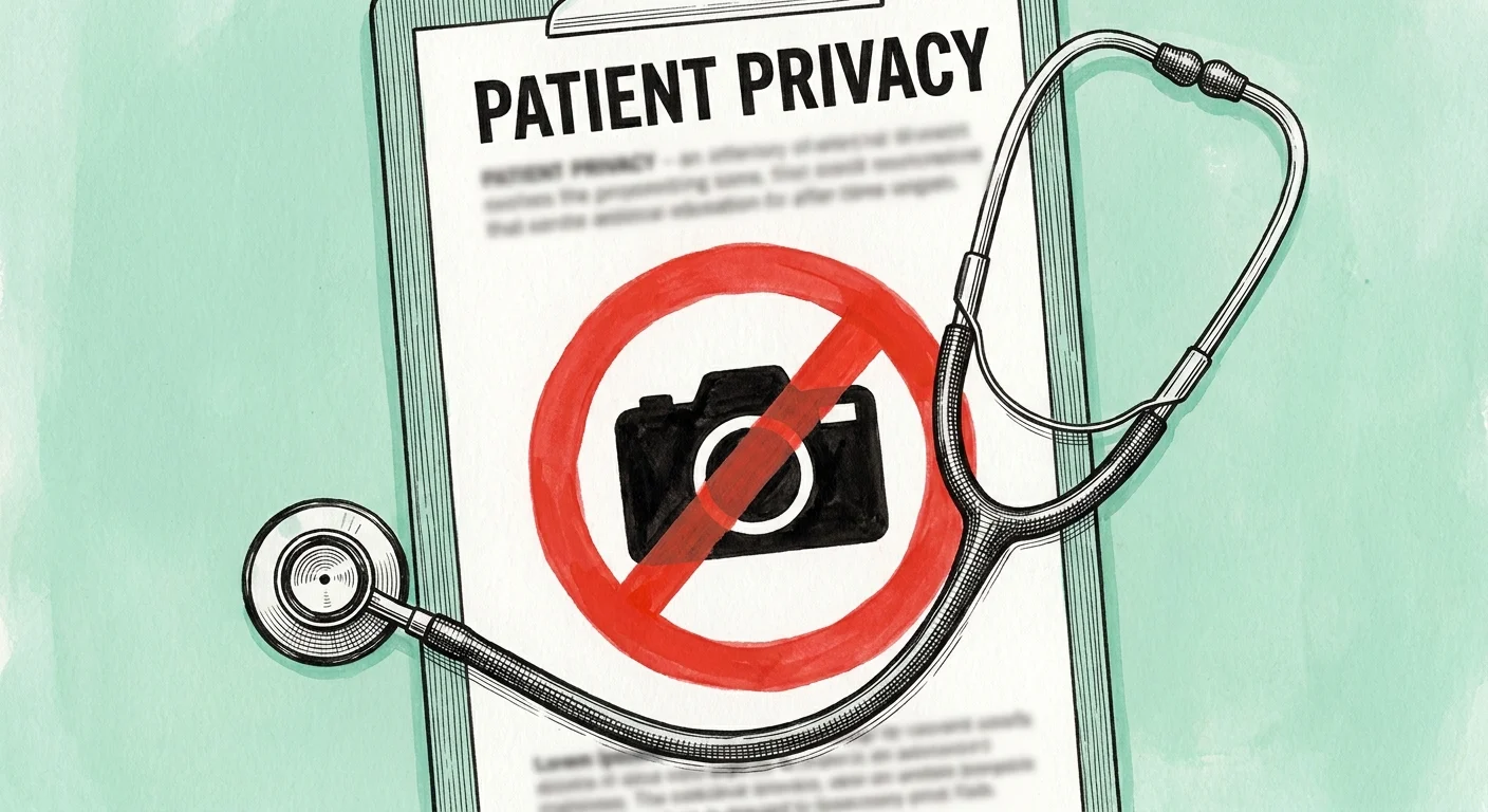An illustration of a medical clipboard and stethoscope with a 'no recording' symbol.