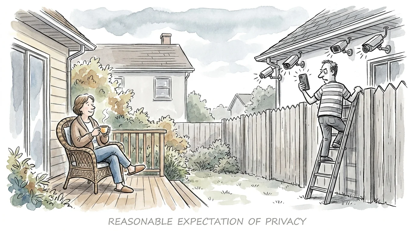 An illustration of a neighbor using a phone and security cameras to watch a person on their private back deck.
