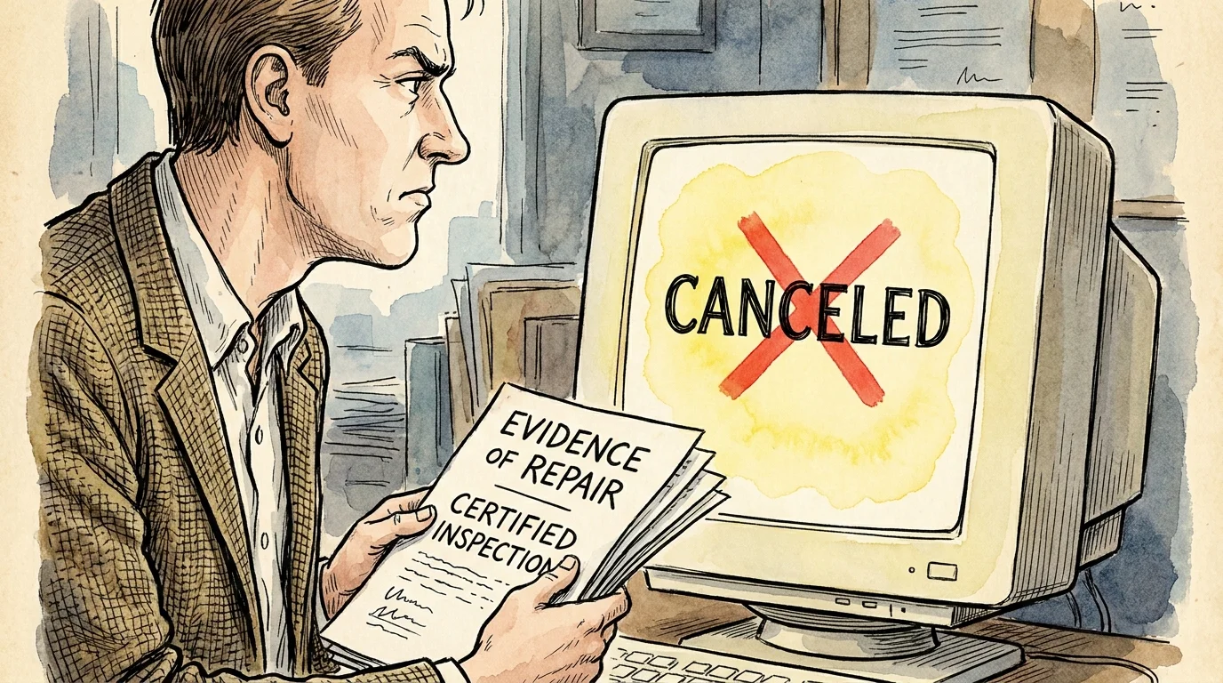 An illustration of a person holding repair evidence while facing a computer screen showing an AI-driven insurance cancellation.