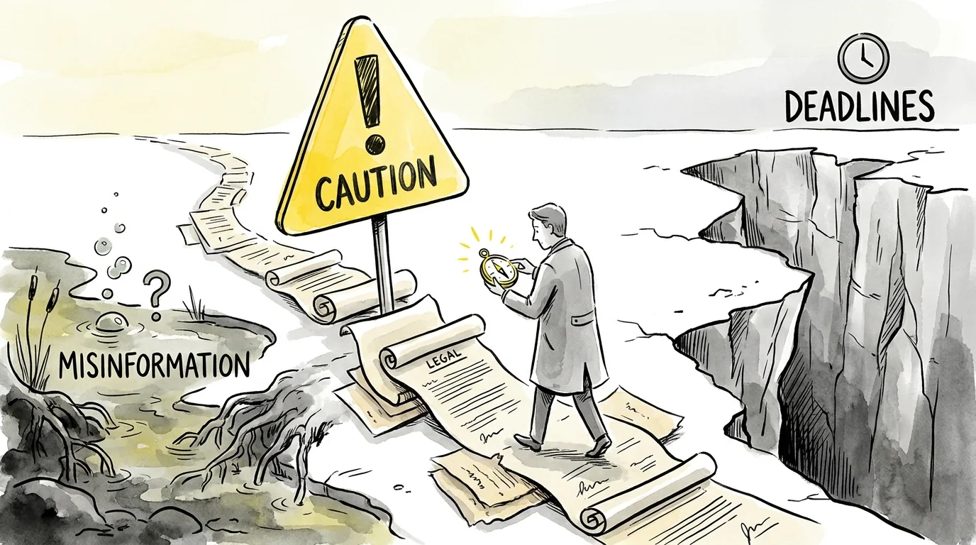 An illustration of a person navigating a path of legal documents between a swamp and a cliff.