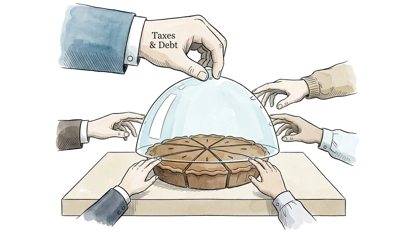 An illustration of a pie protected by a glass dome, with hands labeled 'Taxes & Debt' preventing slices from being taken.