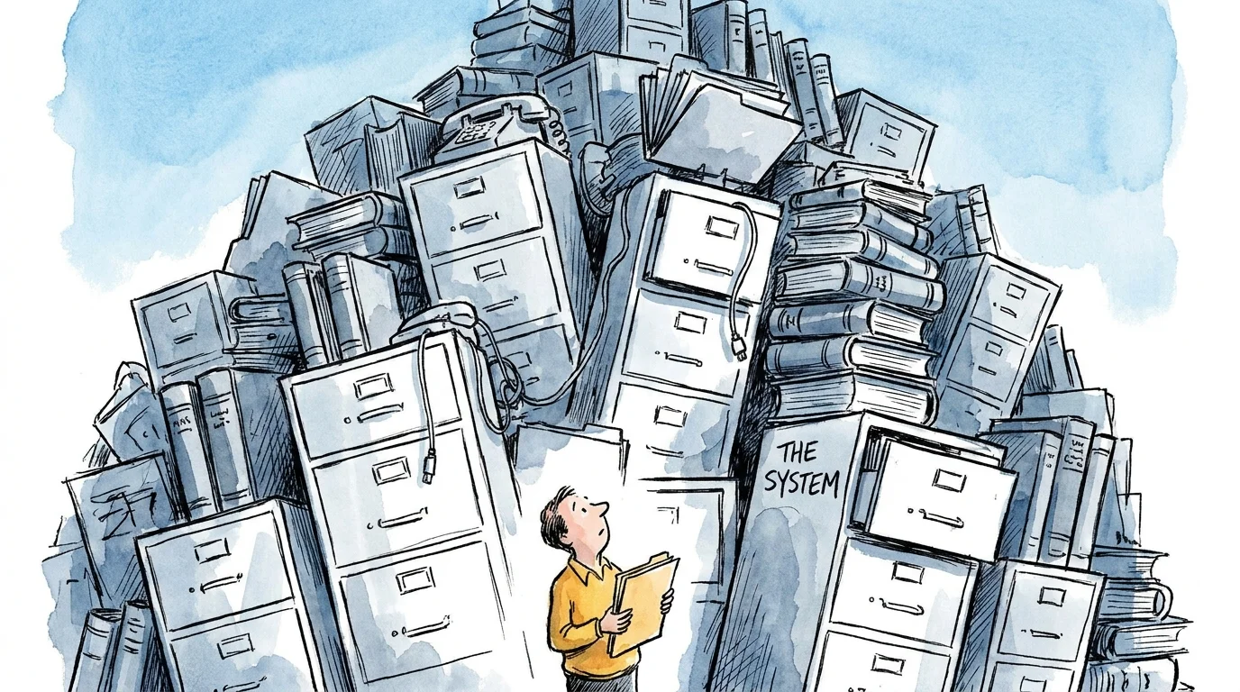 An illustration of a tiny person standing before a mountain of filing cabinets and legal books.
