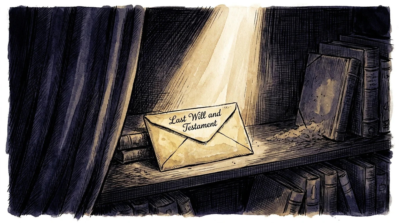 An illustration of a will hidden in shadows on a shelf, partially covered by a curtain.