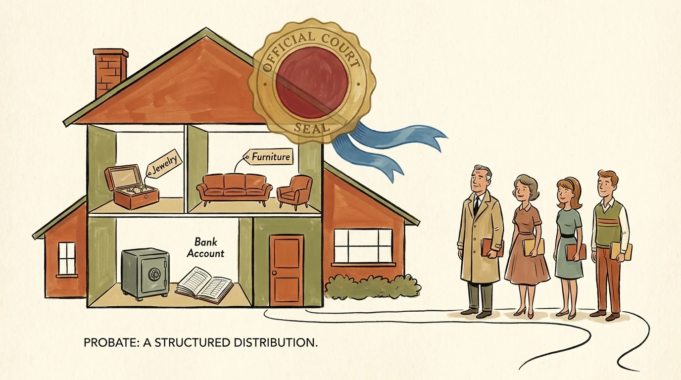 An illustration showing a house with labeled assets under a court seal while family members wait.