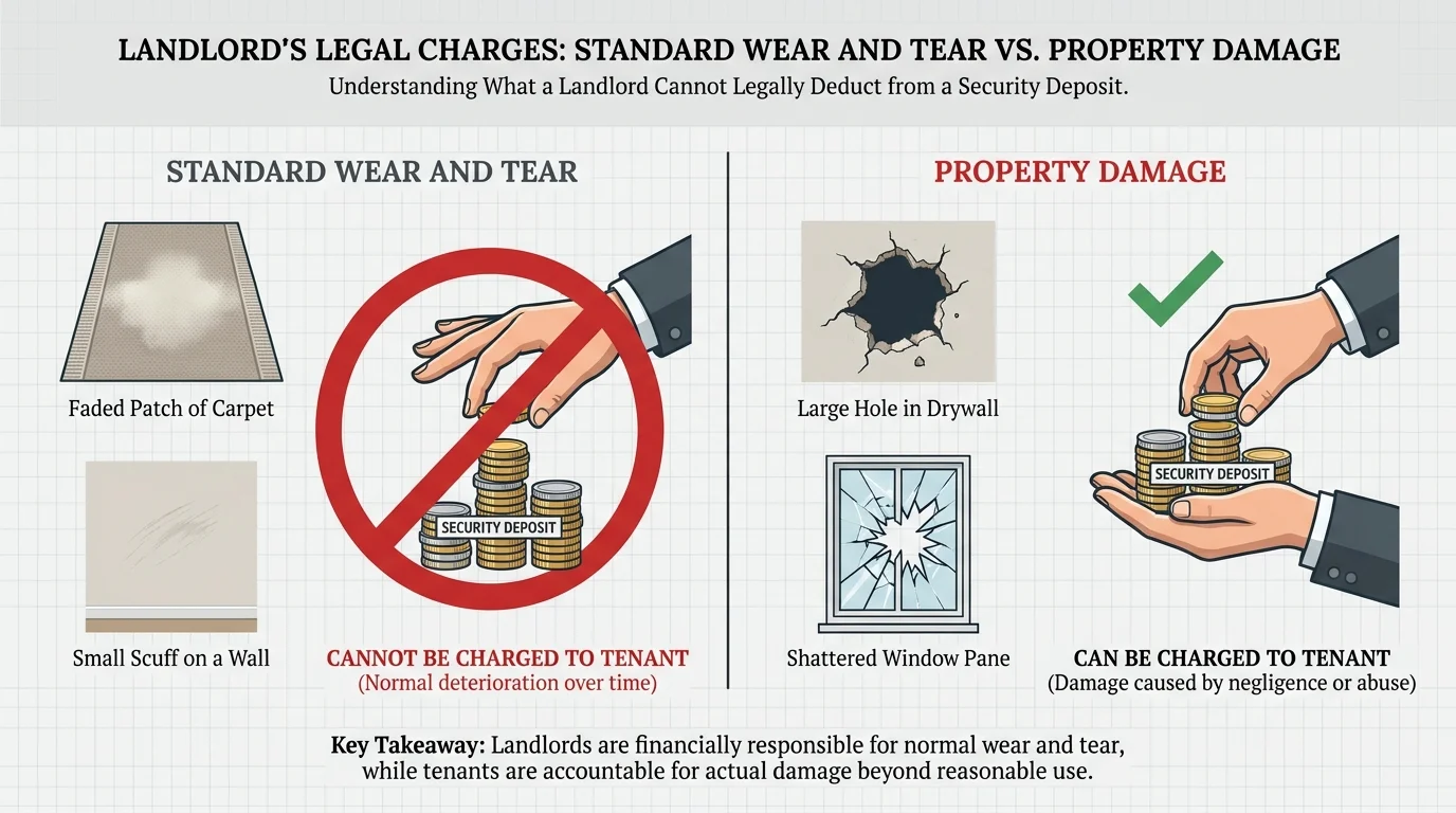 An infographic comparing normal wear and tear, which is free, to actual property damage which can be deducted.