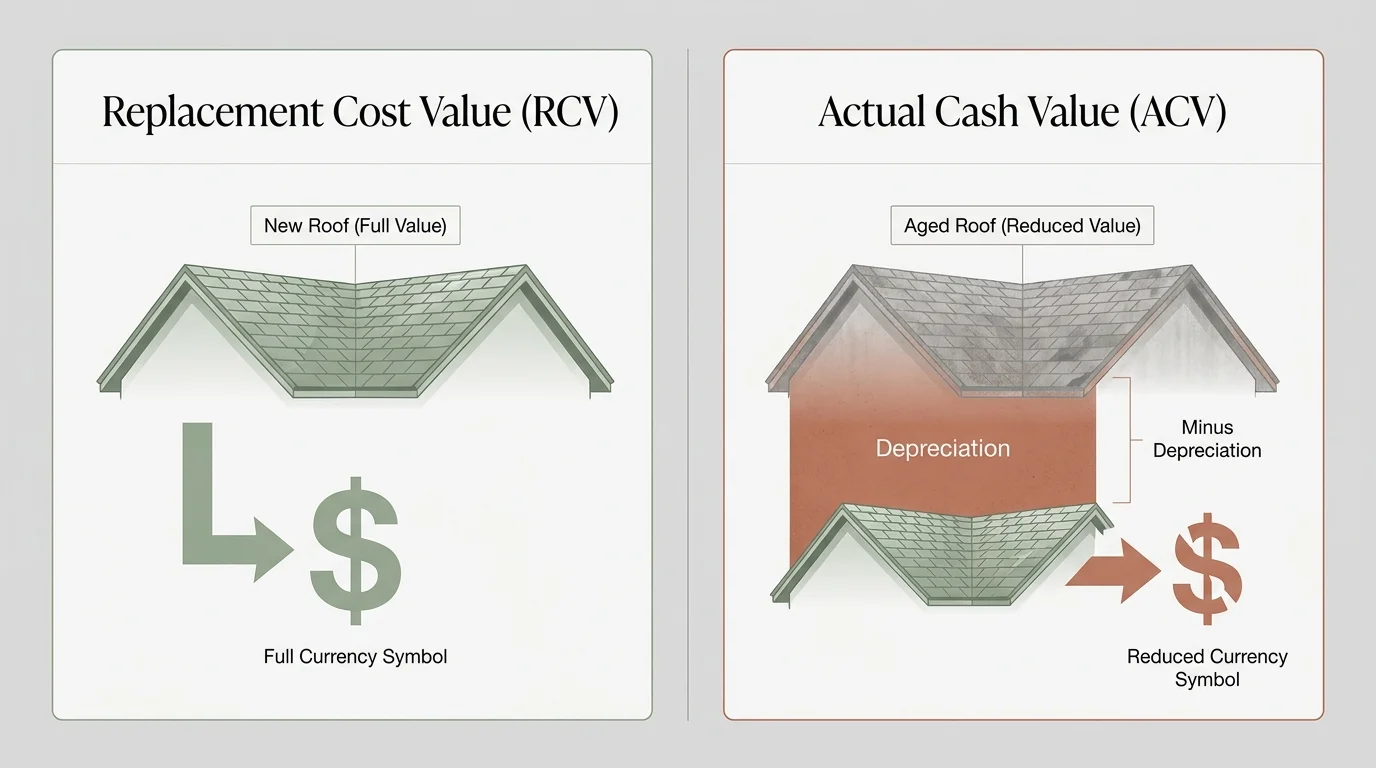 An infographic comparing Replacement Cost Value with Actual Cash Value, highlighting how depreciation is subtracted.