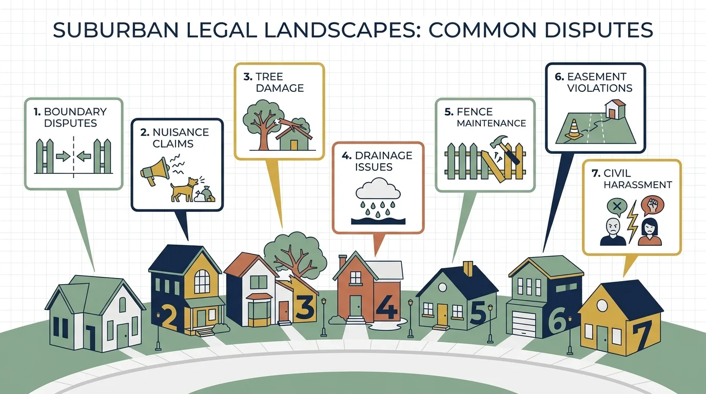 An infographic map of a street showing seven different types of neighbor disputes at different houses.