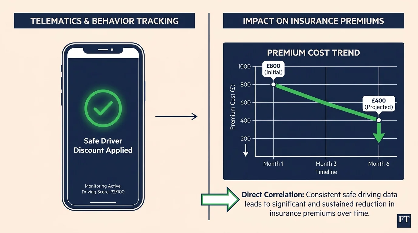 An infographic showing a smartphone with a safe driver discount and a graph showing decreasing insurance premiums.