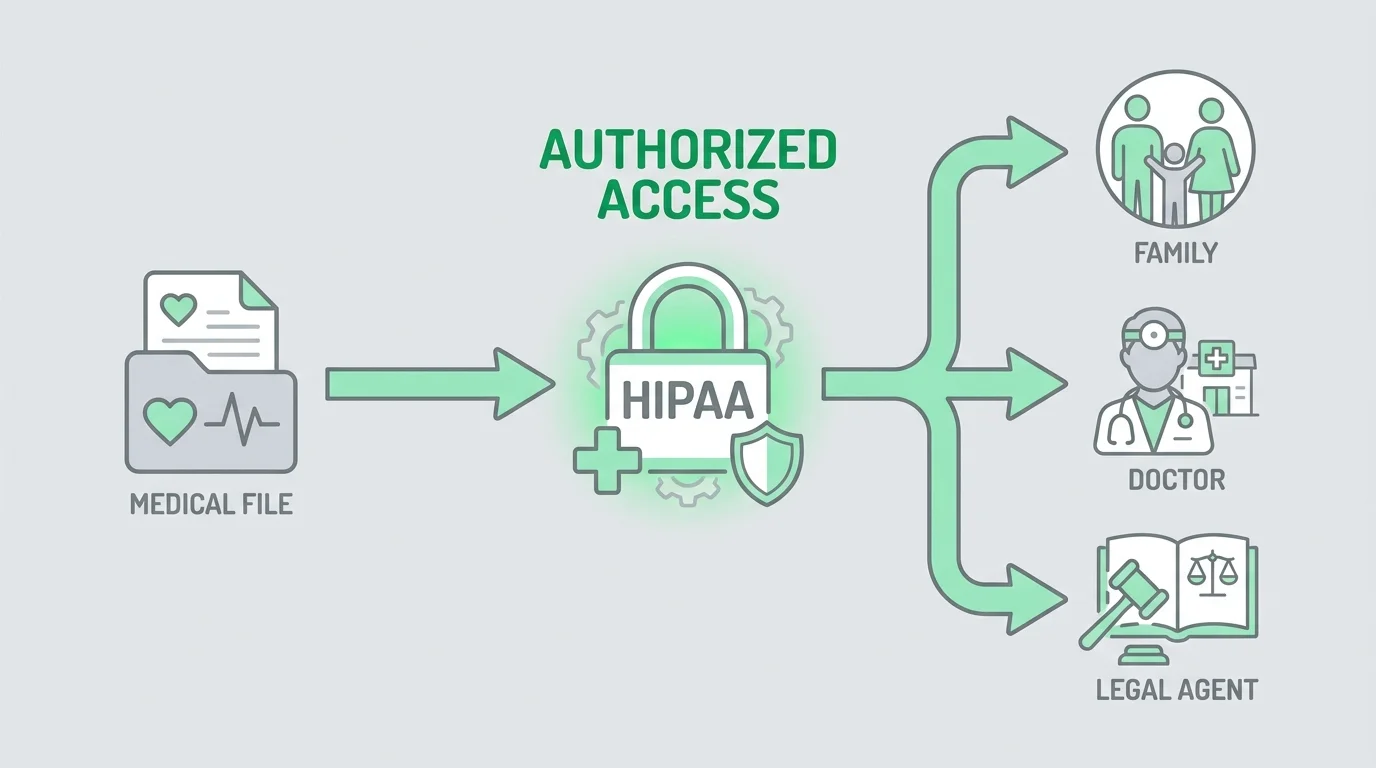 An infographic showing how a HIPAA form allows medical information to flow from a doctor to authorized family members.