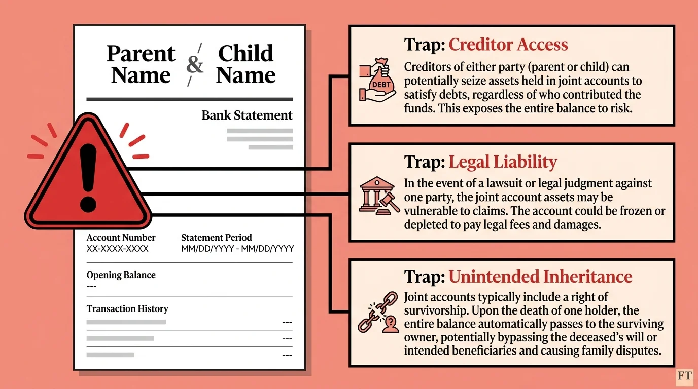An infographic showing the risks of joint bank accounts, including creditor access and legal liability.