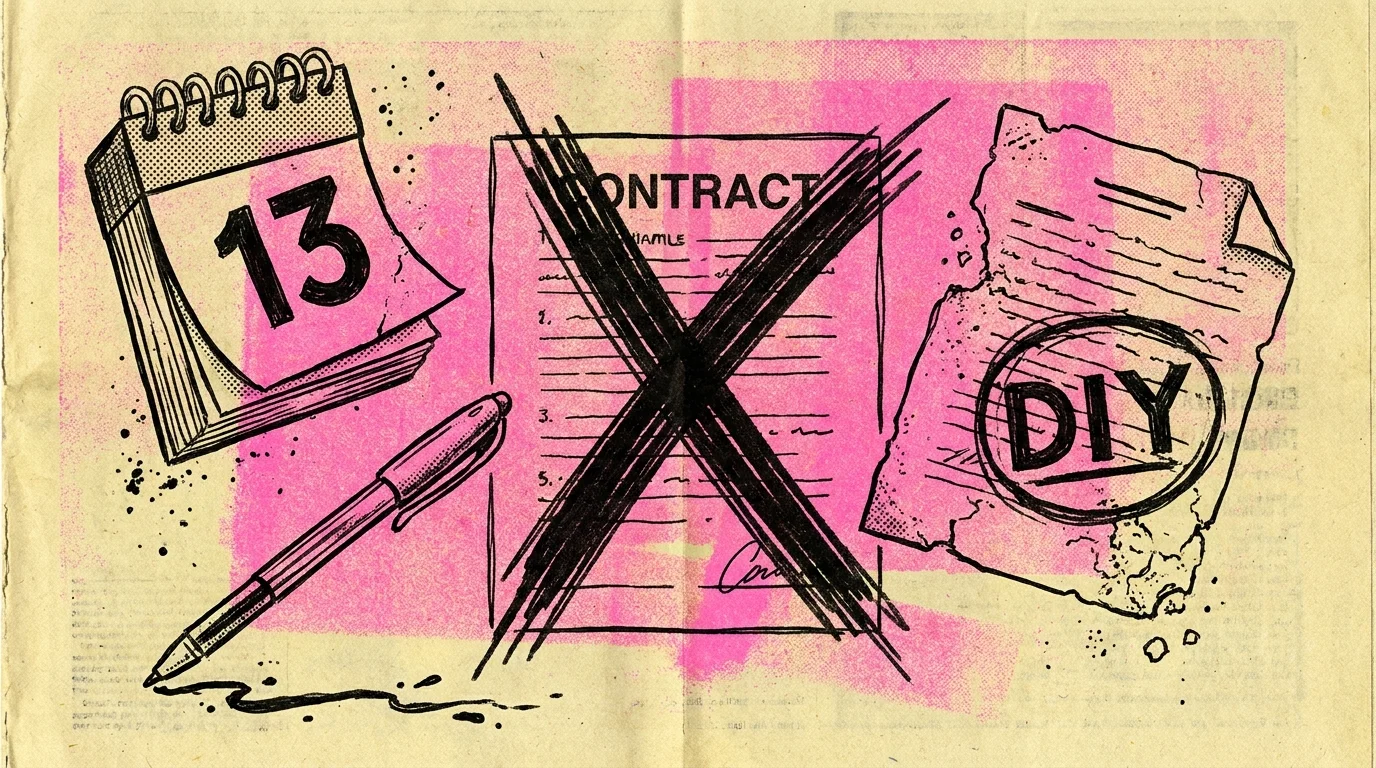 An ink and risograph illustration showing symbols of common errors like outdated calendars and DIY legal templates.