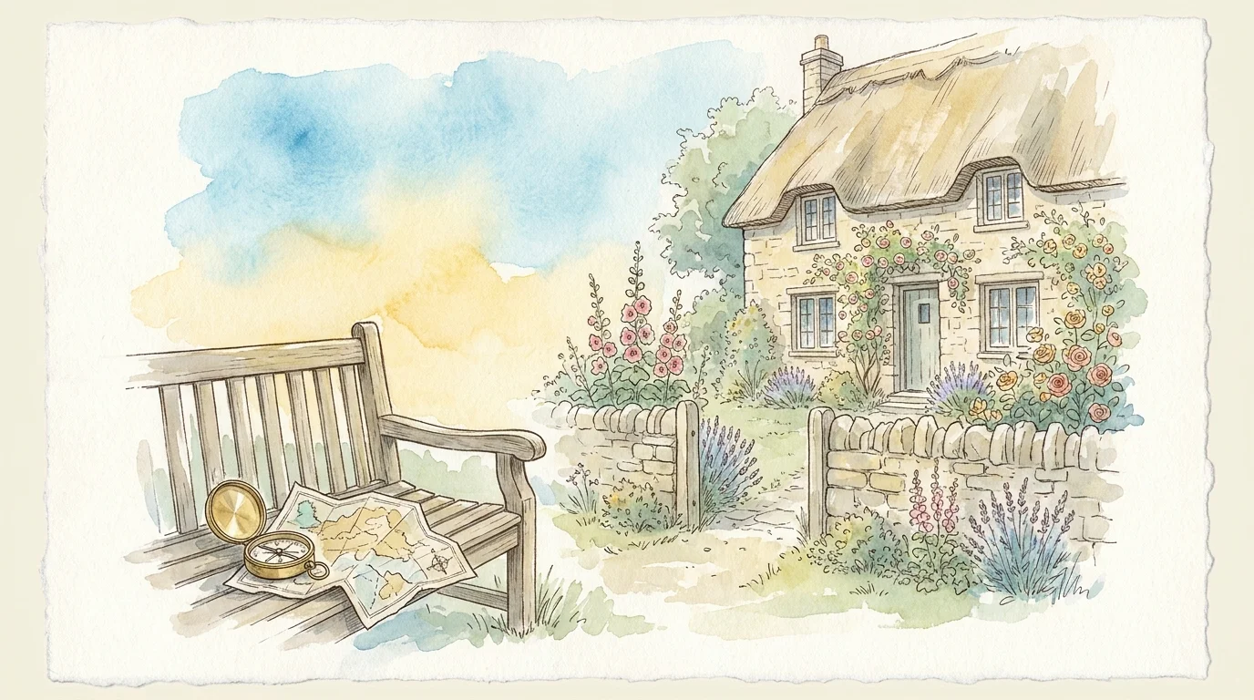 An ink and watercolor illustration of a cottage and a compass, symbolizing the planning of long-term care.
