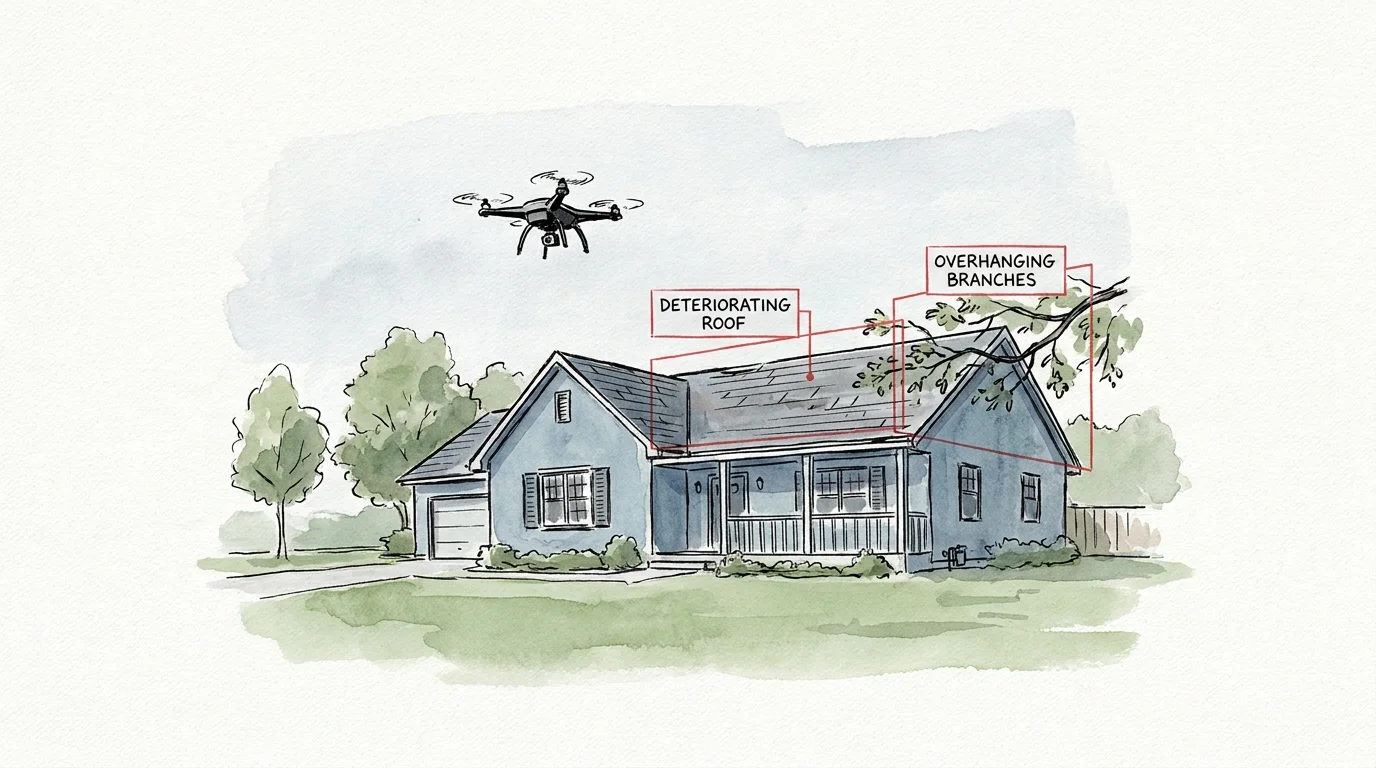 An ink and watercolor illustration of a drone scanning a house roof for maintenance issues to determine insurance eligibility.