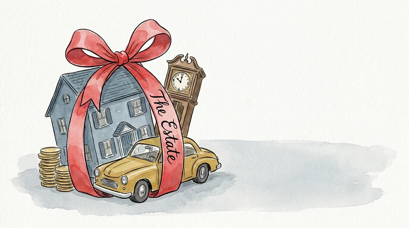 An ink and watercolor illustration of a house and car wrapped together by a red ribbon labeled 'The Estate'.
