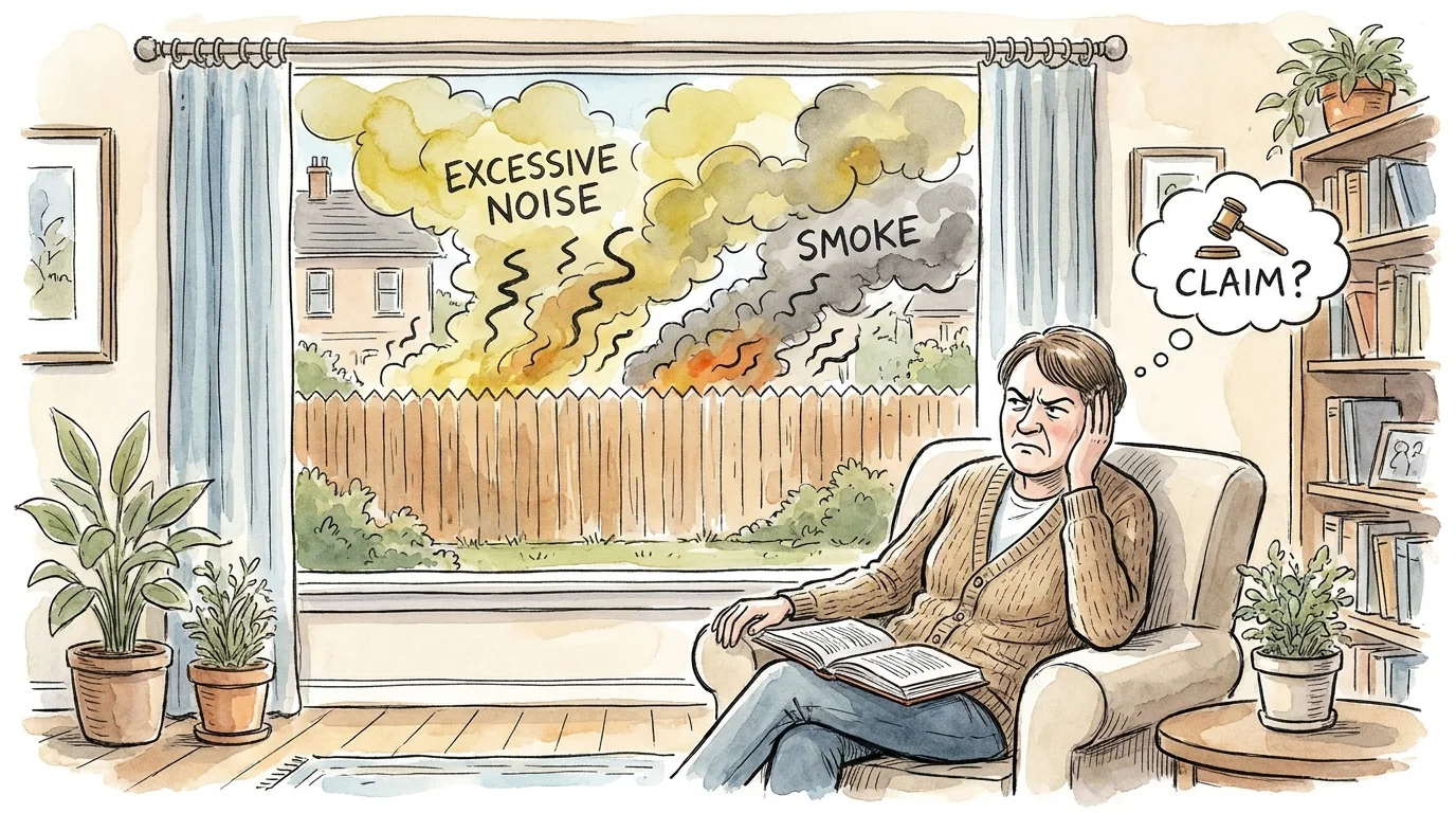 An ink and watercolor illustration of a person in their home being disturbed by noise and smoke coming from over the fence.