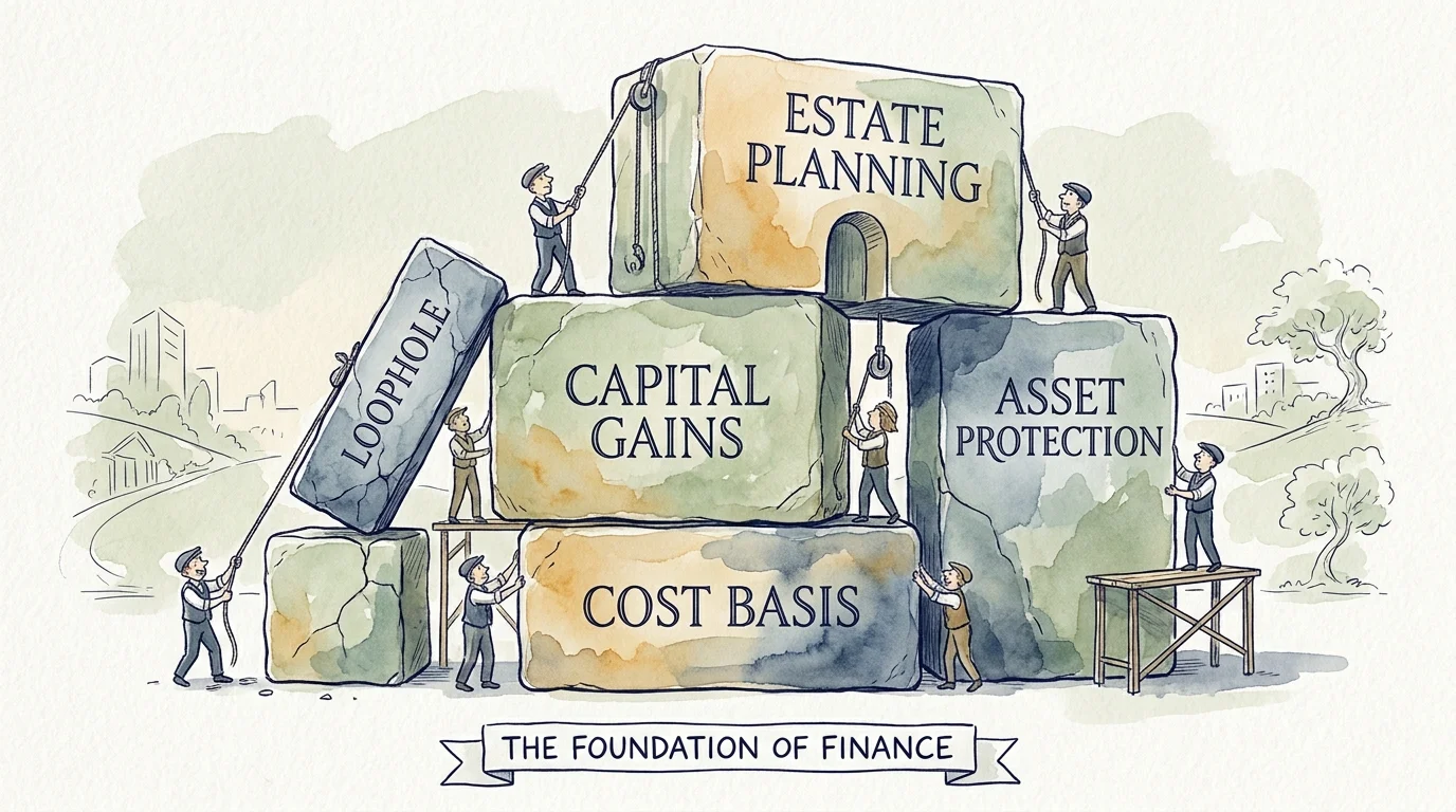An ink and watercolor illustration showing people building a foundation with blocks labeled with financial terms like Capital Gains and Esta