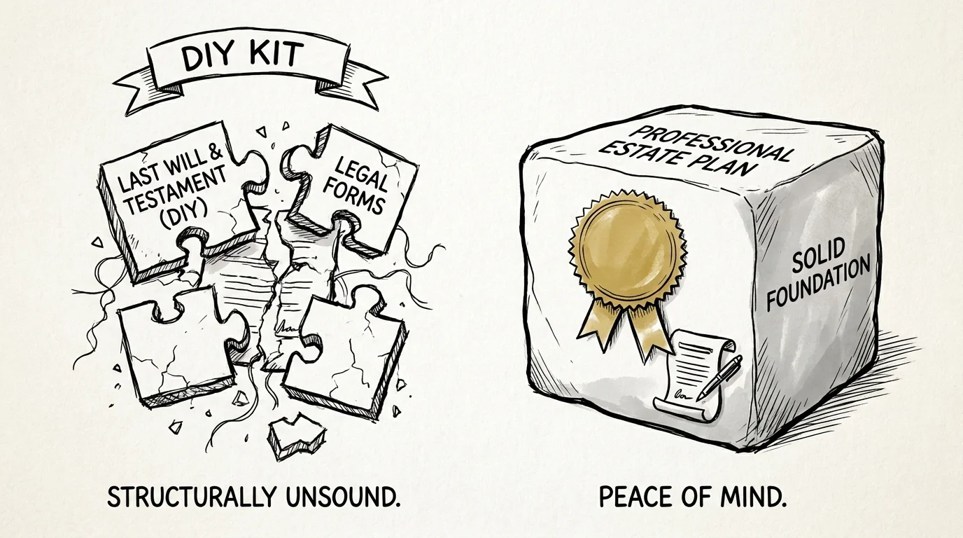 An ink drawing comparing a poorly fitted puzzle of DIY documents to the solid foundation of a professional legal plan.
