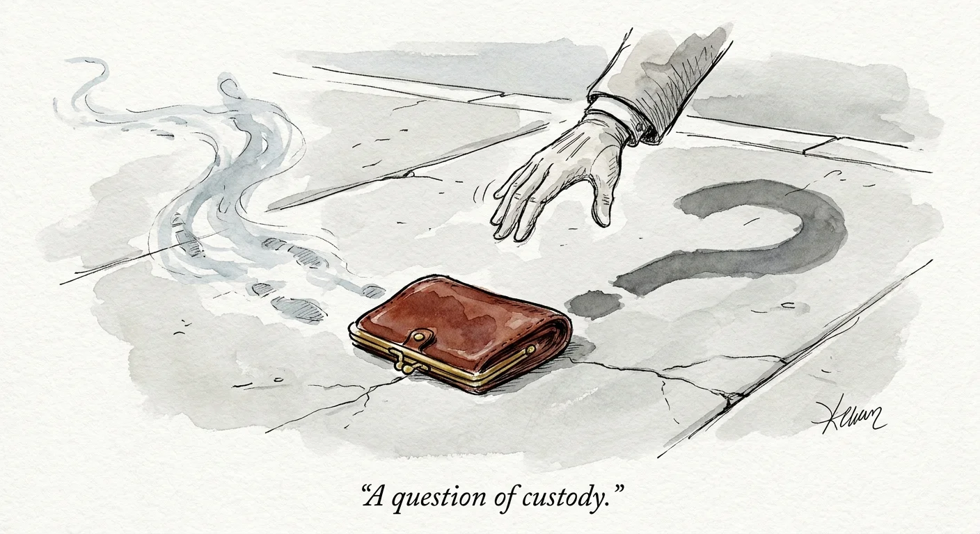 An ink drawing of a hand picking up a wallet, with the hand's shadow forming a question mark.