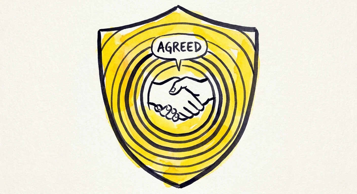 An ink drawing of a handshake forming the shape of a shield with the word 'AGREED' in a speech bubble.