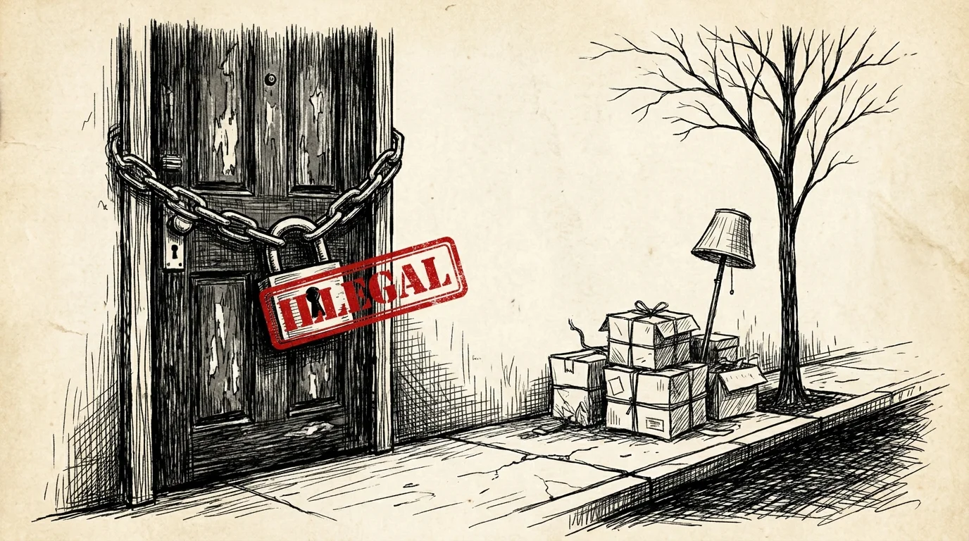 An ink drawing of a padlocked door and boxes on a sidewalk with an 'ILLEGAL' stamp.