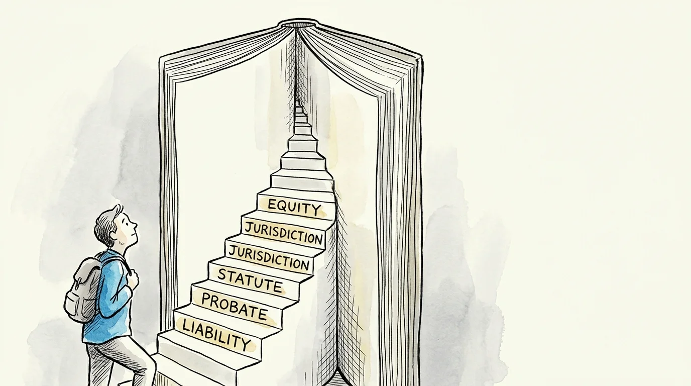 An ink drawing of a person climbing a staircase made of large legal dictionary pages.