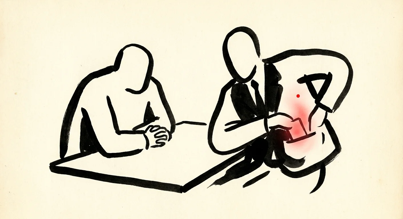 An ink drawing of two people at a desk, one with a glowing recording device hidden in a pocket.
