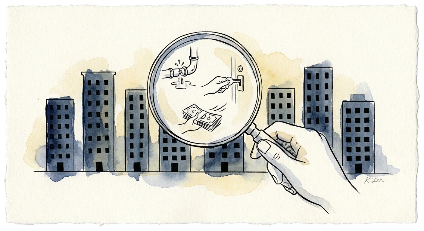 An ink illustration of a magnifying glass uncovering hidden problems within a row of apartment buildings.