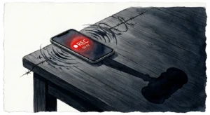An ink illustration of a smartphone whose shadow looks like a gavel, symbolizing the legal consequences of recording.