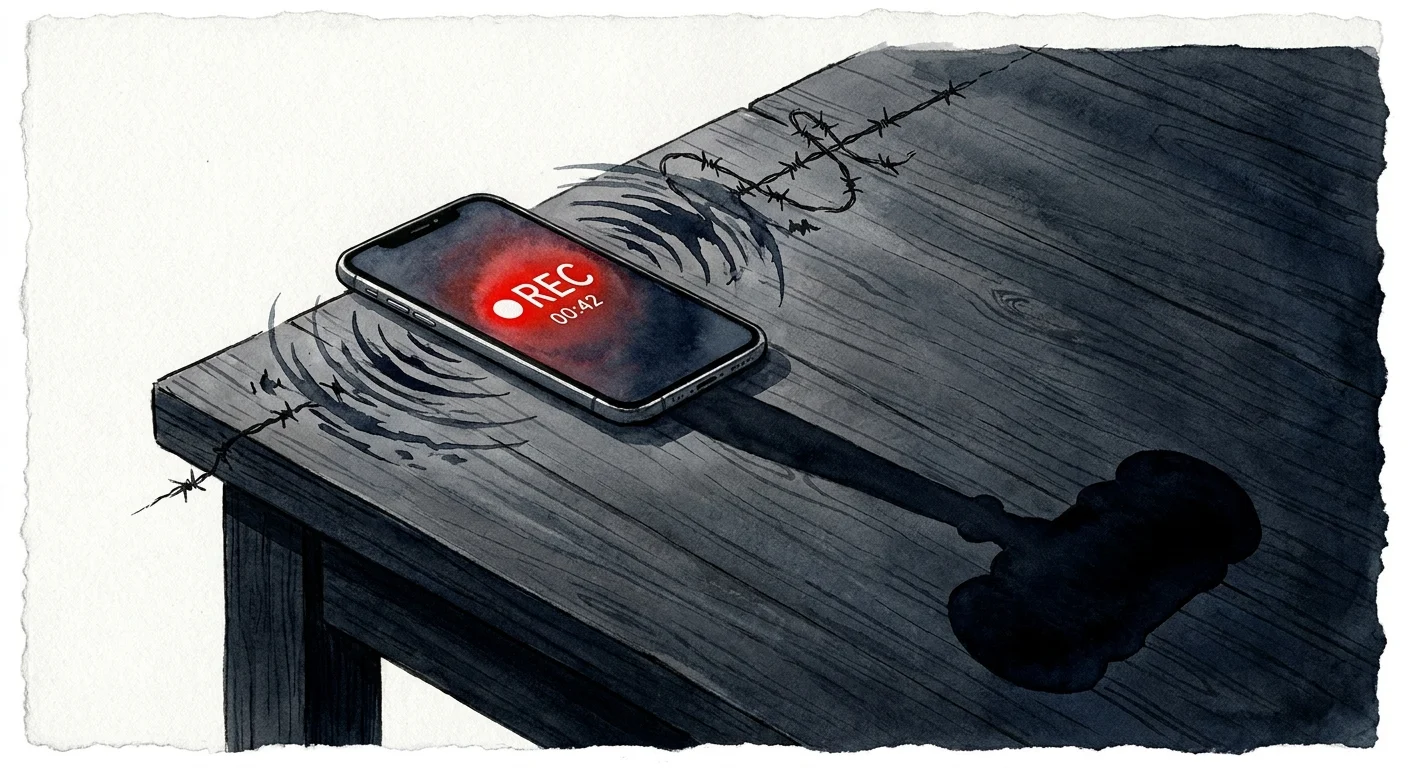 An ink illustration of a smartphone whose shadow looks like a gavel, symbolizing the legal consequences of recording.