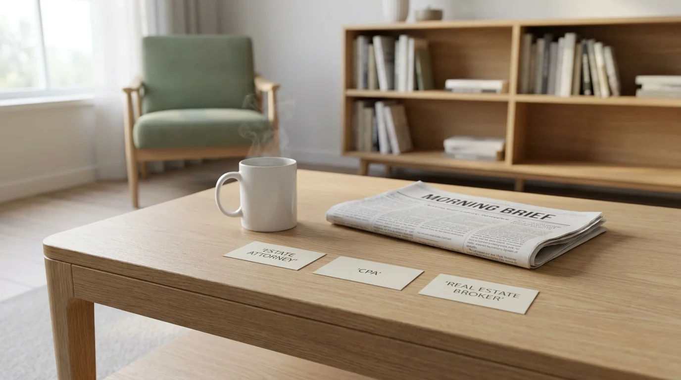 Business cards for an attorney, CPA, and real estate broker on a coffee table next to a mug.