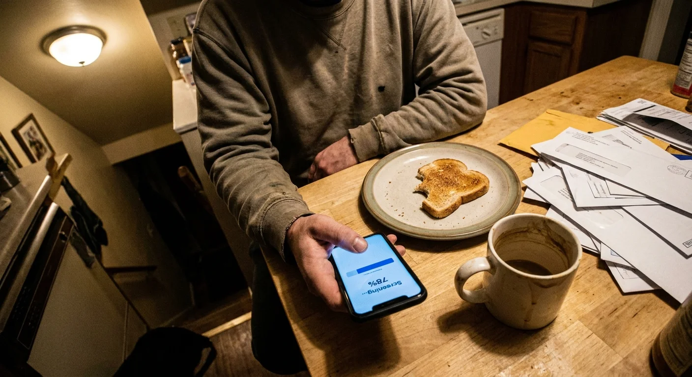 Candid photo of a person checking a rental screening application on their phone at a kitchen table.