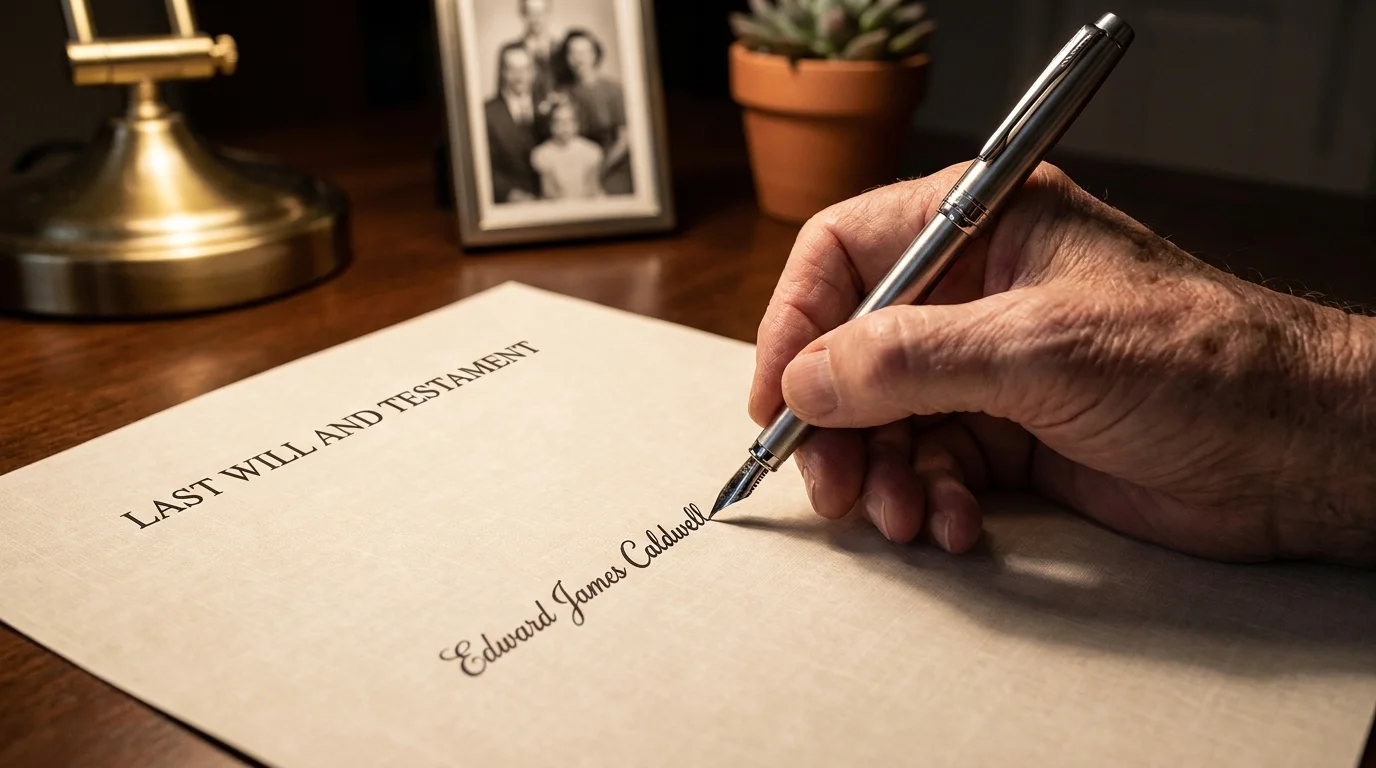 Close-up of a hand signing a 'Last Will and Testament' document on a wooden desk under warm lamplight.