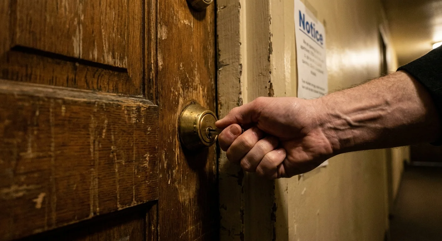 Close-up of a hand trying a key in a lock that won't turn, representing an illegal lockout.