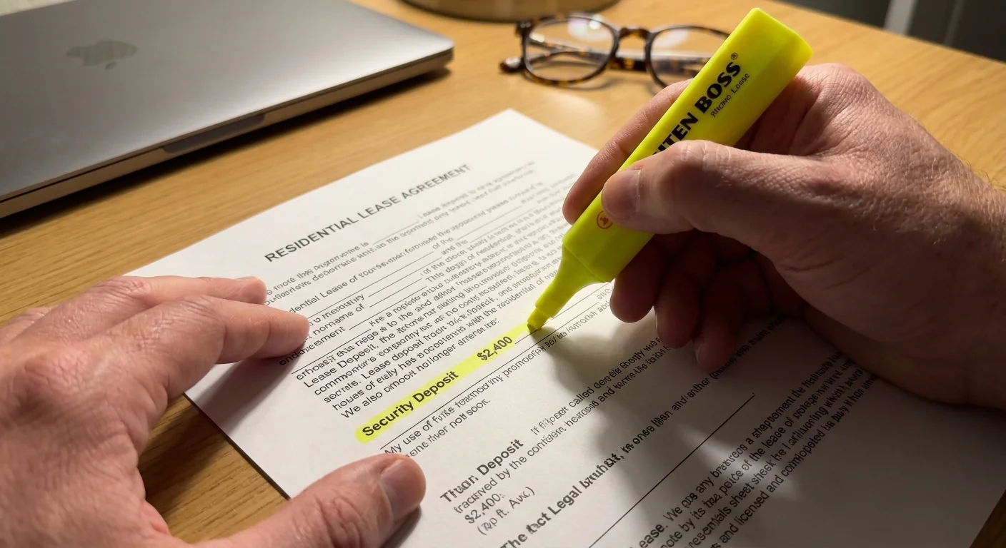 Close-up of hands highlighting financial terms in a rental lease agreement.
