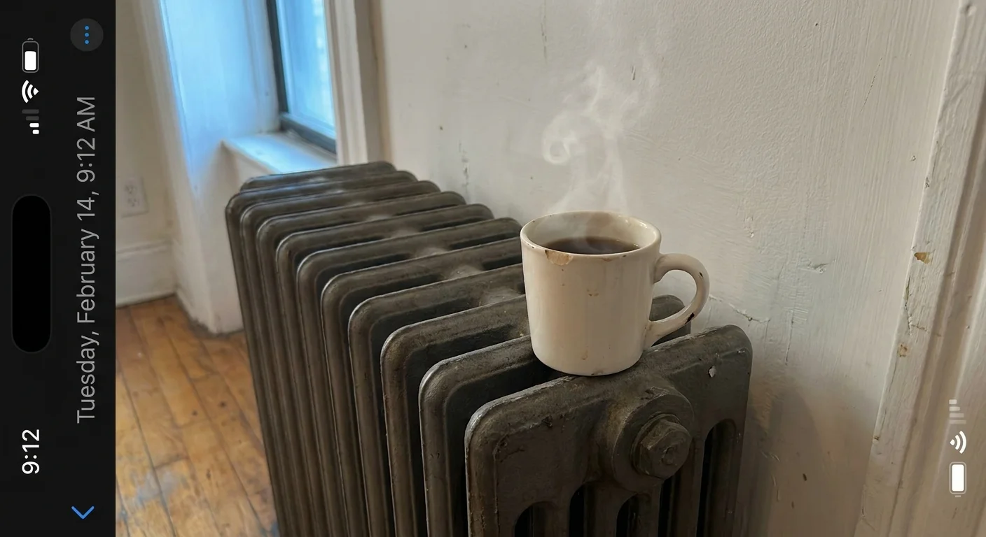 Close-up photo of a steaming mug on a warm radiator in a domestic apartment setting.