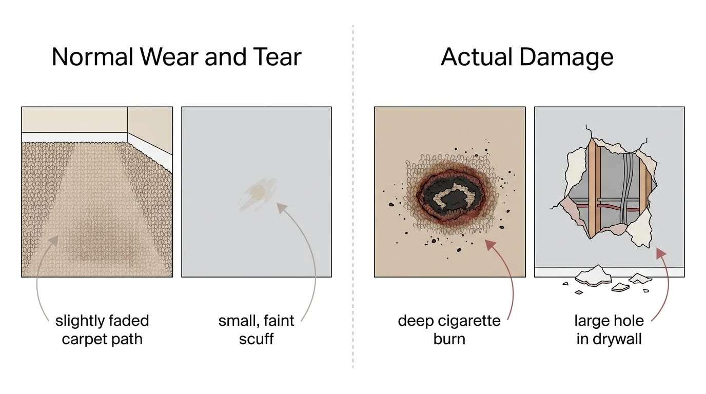 Comparison diagram showing examples of normal wear and tear versus actual property damage.