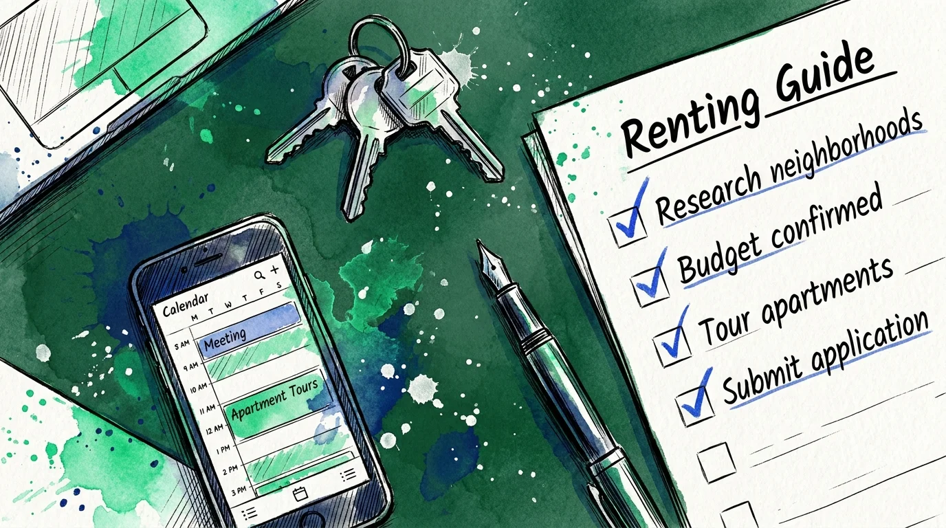 Illustration of a desktop with a checklist, keys, and a pen, representing a guide to renting.