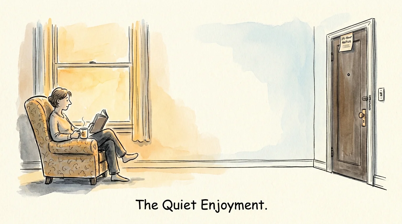 Illustration of a person reading peacefully while a notice of entry is posted on their door.