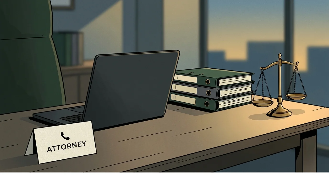 Illustration of a professional desk with a scale of justice and an attorney business card.