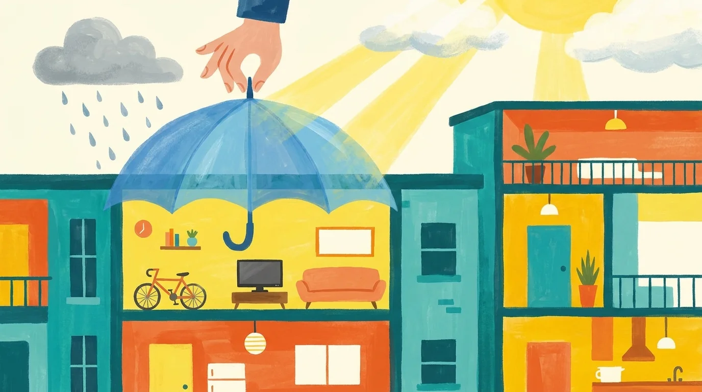 Illustration of a protective blue umbrella shielding the interior of an apartment from a storm cloud.