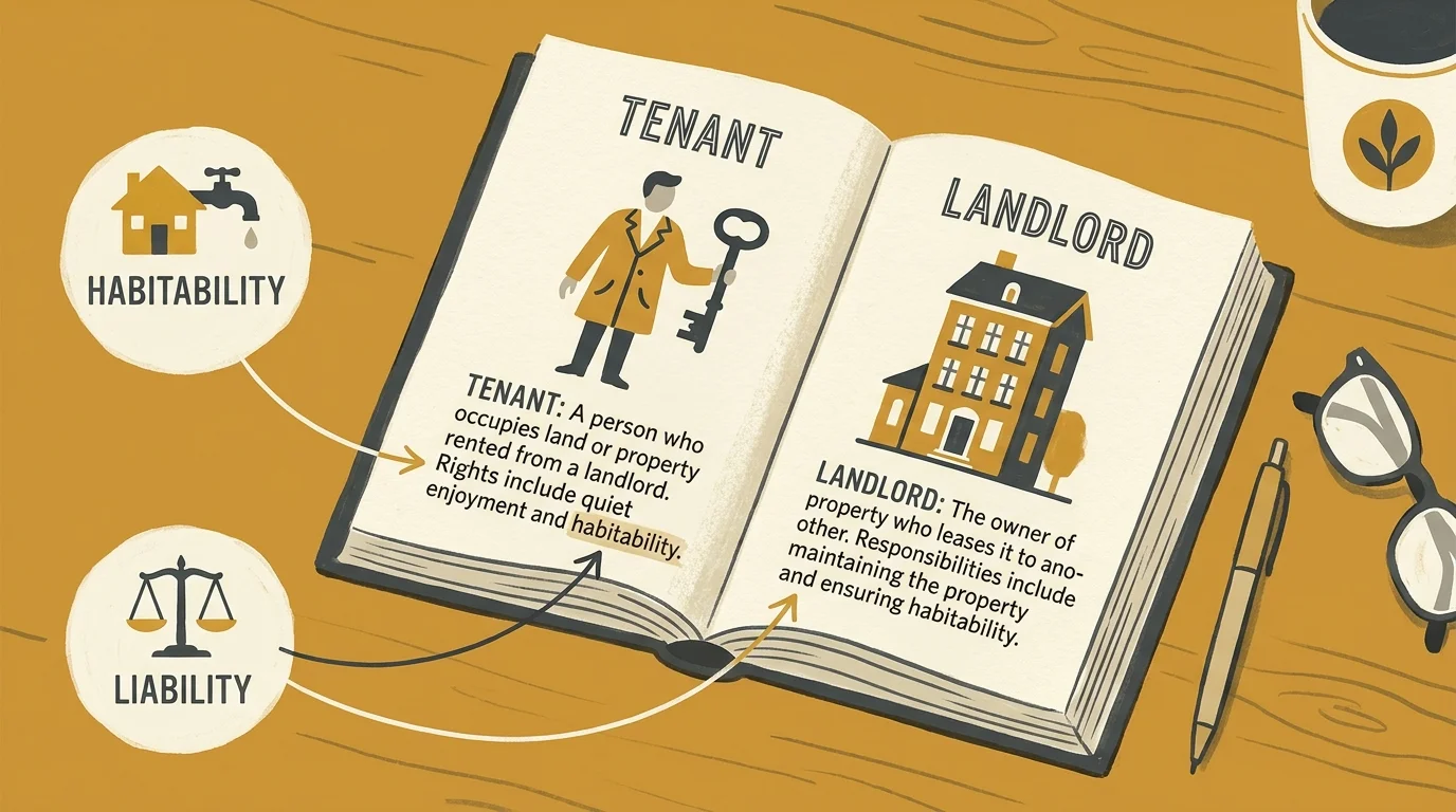 Illustration of an open legal dictionary with callouts for tenant and landlord terminology.