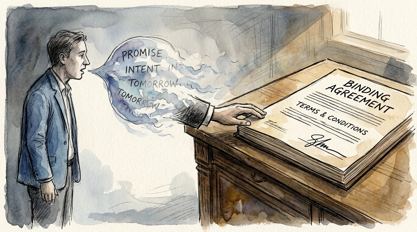 Illustration of spoken words dissolving into the air next to a solid, permanent written contract.