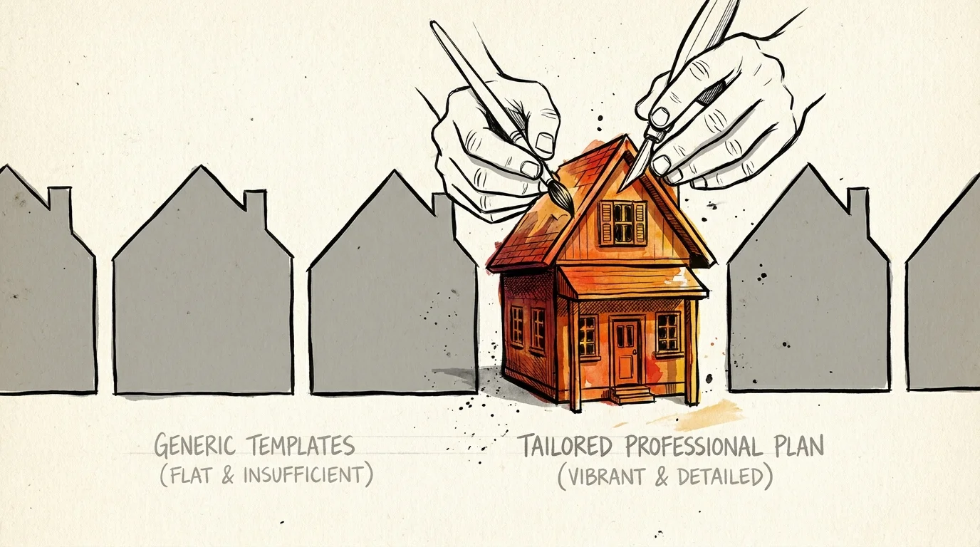 Illustration showing a row of identical grey paper-cutout houses contrasted with one vibrant, hand-detailed house.