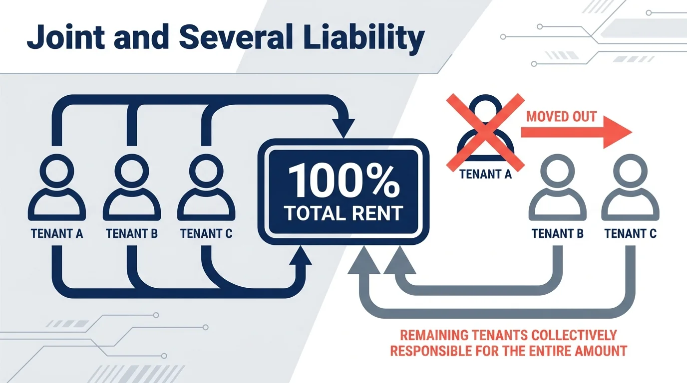 Infographic showing how roommates share 100% of the rent responsibility regardless of who moves out.