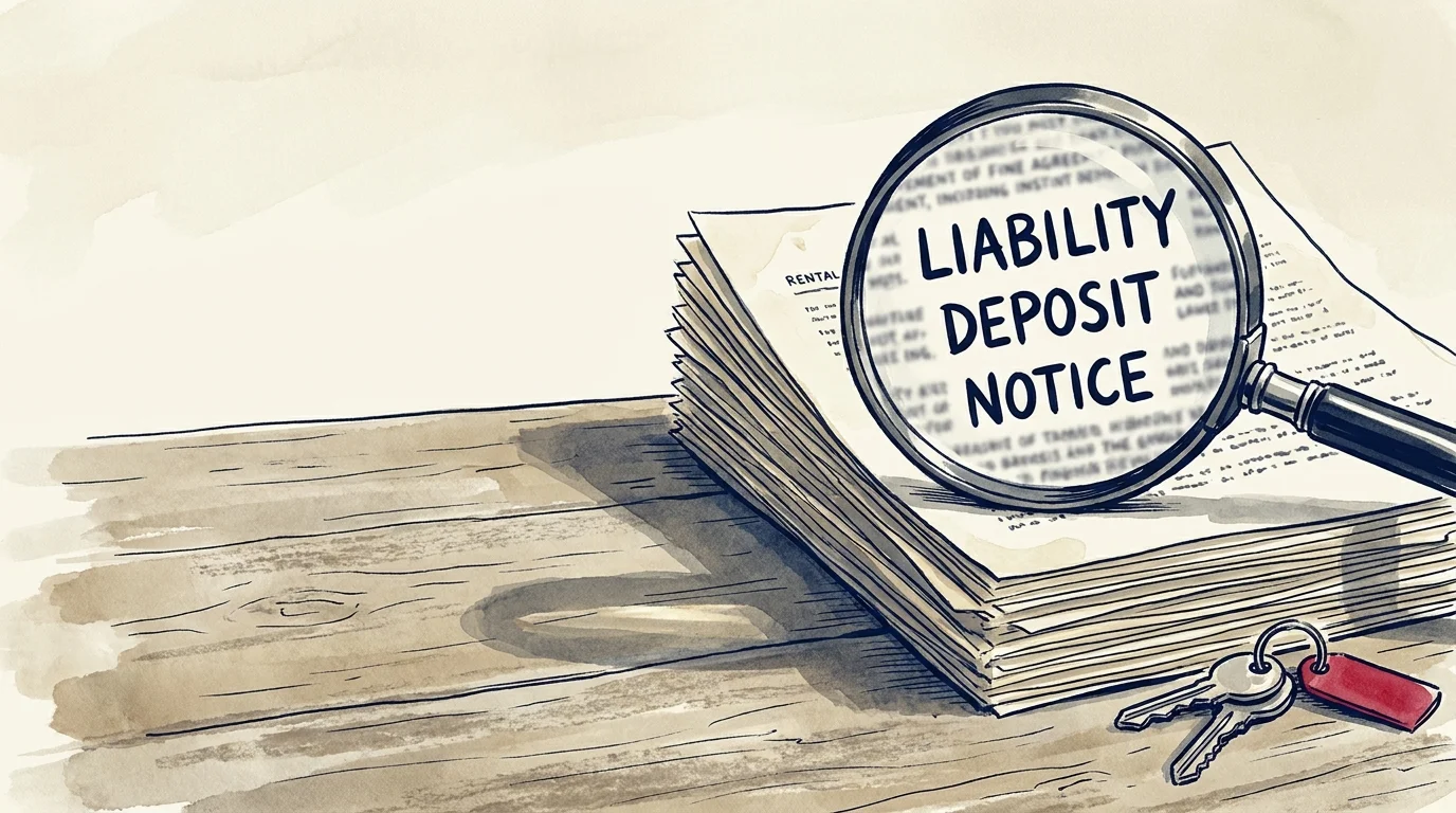 Ink and watercolor illustration of a magnifying glass highlighting words like liability and deposit on a rental contract.