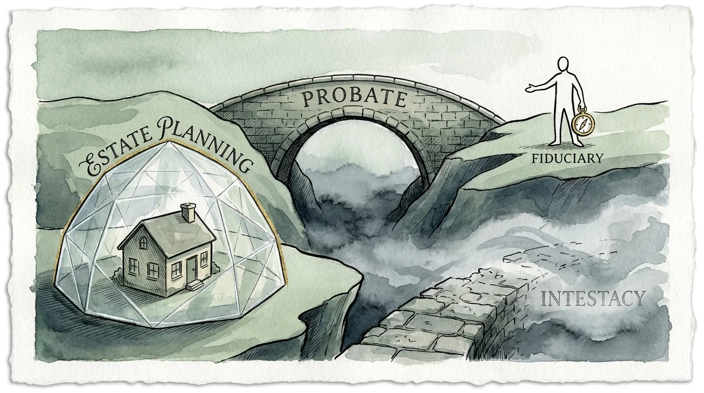 Ink and watercolor illustration showing legal terms like Probate and Fiduciary as conceptual architectural structures in a calm landscape.