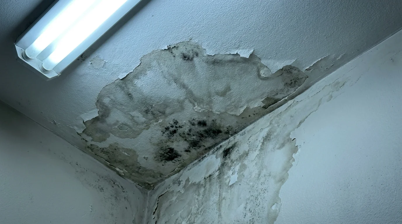 Macro photo showing severe water damage and mold growth on an apartment ceiling.